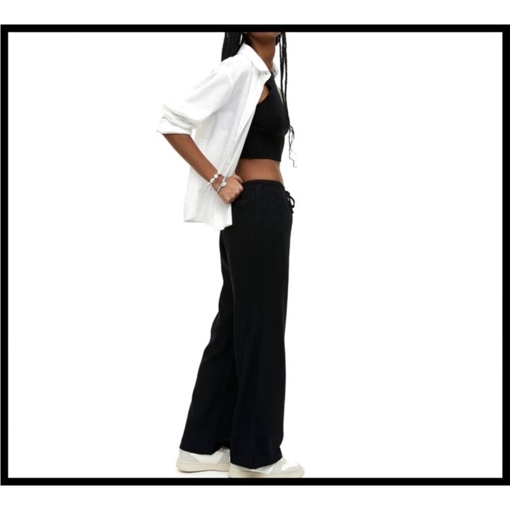 NWOT H&M Linen Blend Tapered Wide Leg Pants Pull On Drawstring Black Medium NEW